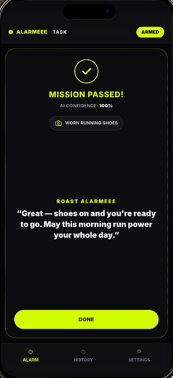 Alarmeee AI result approving the running shoes photo, with a comment on the completed task.